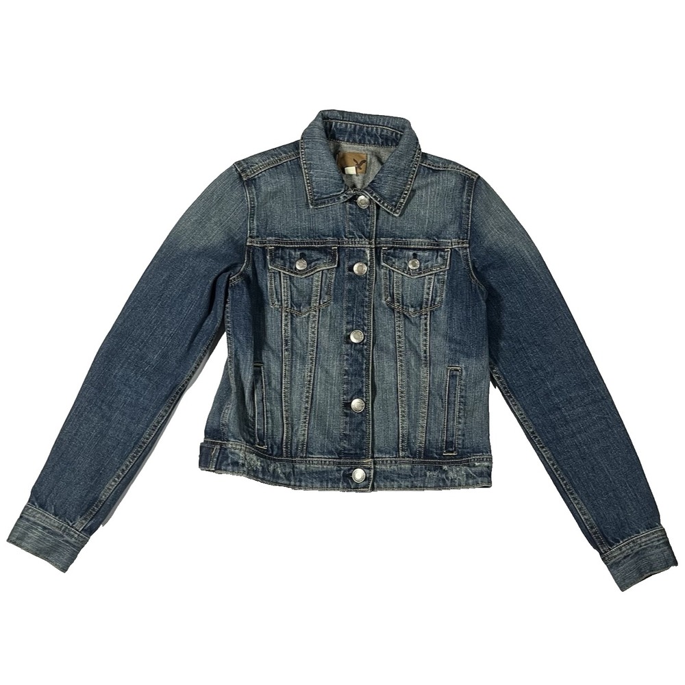 American Eagle Button Down Women's Collared Blue Denim Jean Jacket Cropped Small